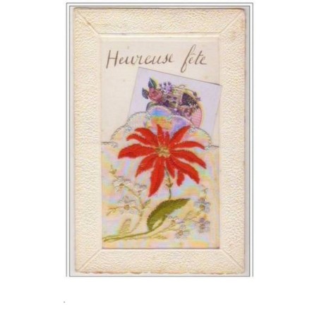 n°2555 - Carte Brodée - Heureuse Fête - Fleur Rouge