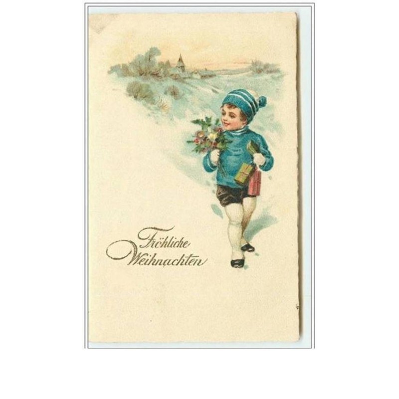 n°2584 - Fröhliche Weihnachten - Enfant habillé en bleu avec des cadeaux