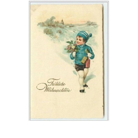 n°2584 - Fröhliche Weihnachten - Enfant habillé en bleu avec des cadeaux