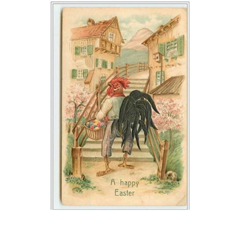 n°2594 - Carte Gaufrée - A Happy Easter - Coq humanisé montant des marches