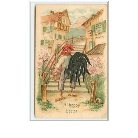 n°2594 - Carte Gaufrée - A Happy Easter - Coq humanisé montant des marches