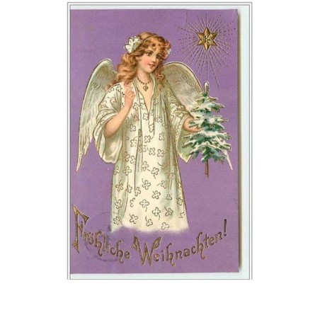 n°2634 - Carte  Gaufrée - Fröhliche Weihnachten - Ange tenant un sapin, fond mauve