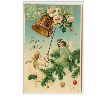 n°2637 - Carte  Gaufrée - Joyeux Noël - Angelots sonnant une cloche assis sur une branche de sapin