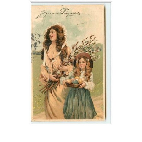 n°2646 - Carte Gaufrée - Joyeuses Pâques - Femme et fillette avec des oeufs