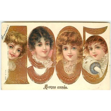 n°11968 - Carte Gaufrée - Bonne Année 1905 - Portraits d'enfants