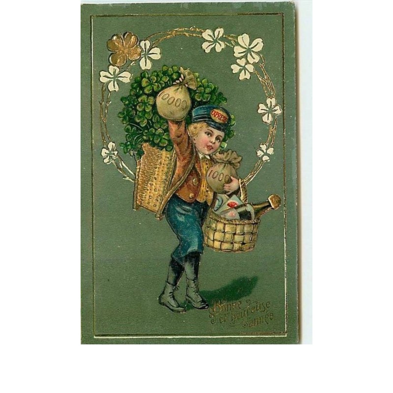 n°2659 - Bonne et Heureuse Année - Garçon avec des sacs de pièces et une hotte de trèfles à 4 feuilles