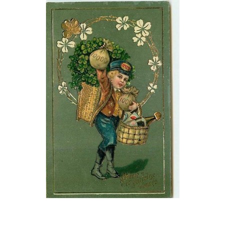 n°2659 - Bonne et Heureuse Année - Garçon avec des sacs de pièces et une hotte de trèfles à 4 feuilles