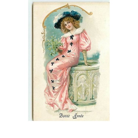 n°2661 - Carte Gaufrée - Bonne Année - Femme habillée en rose assise