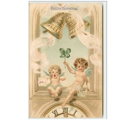 n°10138 - Carte Fantaisie - Fröhliche Weihnachten - Angelots, cloches, trèfle