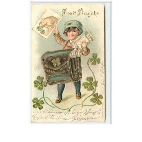n°2668 - Carte Gaufrée - Prosit Neujahr - Fillette facteur avec une carte de cochon