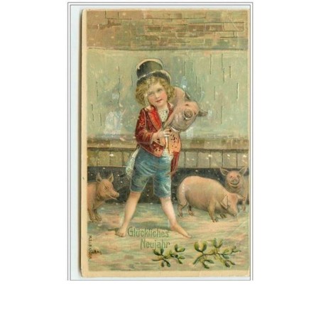 n°2669 - Glückliche Neujahr - Enfant avec des cochons