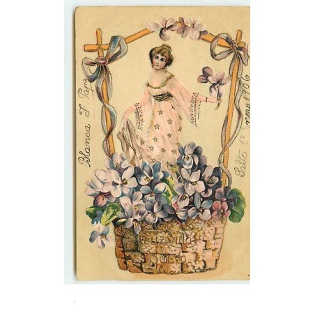 n°270 - Carte Gaufrée - Femme dans un panier de fleurs