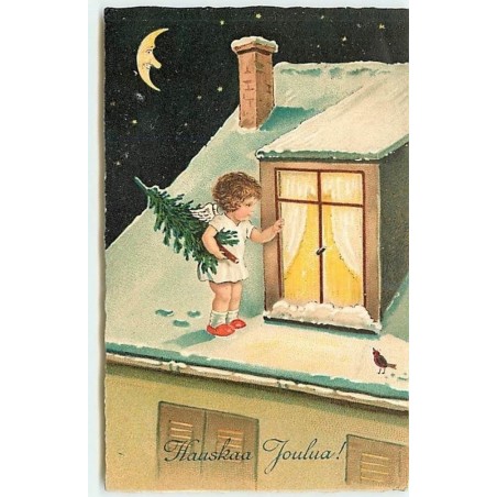 n°11978 - Hauskea Joulua ! - Angelot sur un toit apportant un sapin n°1