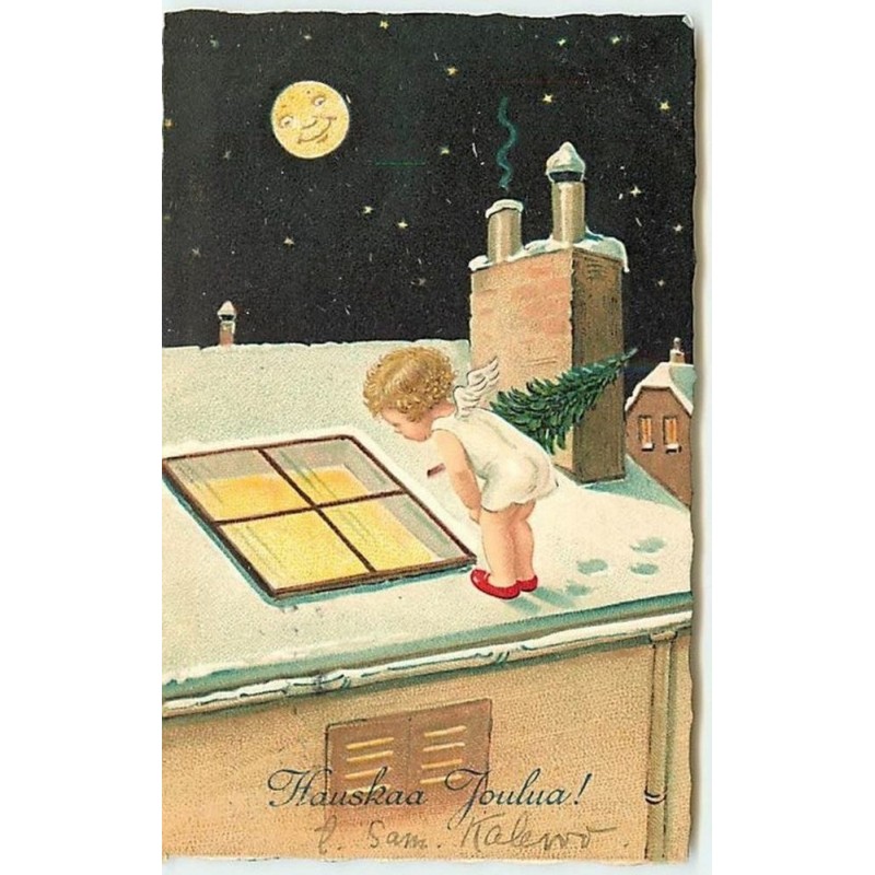 n°11978 - Hauskea Joulua ! - Angelot sur un toit apportant un sapin n°2