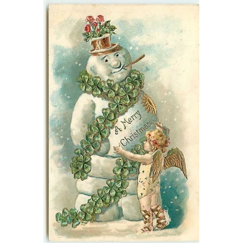 n°11980 - Carte Gaufrée - A Merry Christmas - Ange décorant un bonhomme de neige