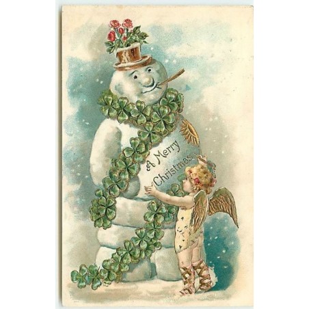 n°11980 - Carte Gaufrée - A Merry Christmas - Ange décorant un bonhomme de neige