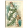 n°11980 - Carte Gaufrée - A Merry Christmas - Ange décorant un bonhomme de neige