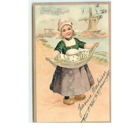 n°2778 - Carte Gaufrée - Joyeuses Pâques - Fillette hollandaise avec des oeufs dans son tablier