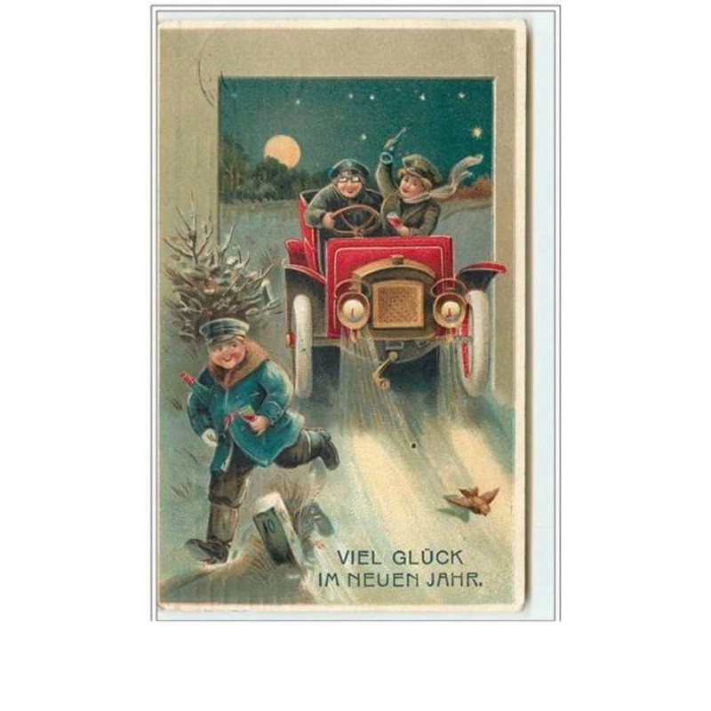 n°2842 - Carte Gaufrée - Viel Glück im neuen jahr - Homme courant devant les phares d'une voiture