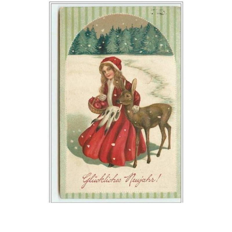 n°2848 - Carte Gaufrée - Glückliches Neujahr - Fillette habillée en rouge avec une biche