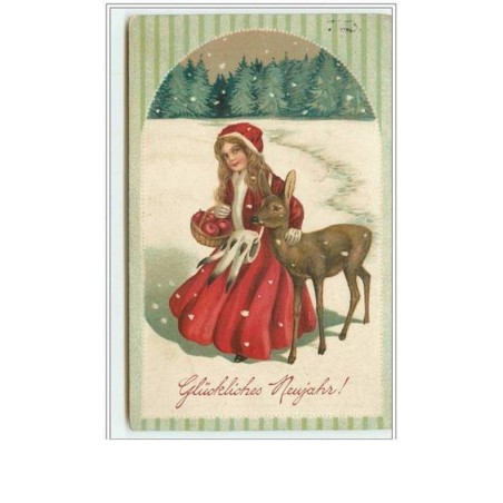 n°2848 - Carte Gaufrée - Glückliches Neujahr - Fillette habillée en rouge avec une biche