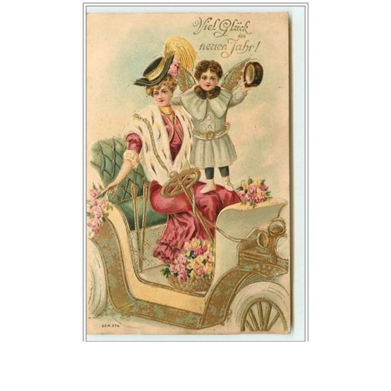n°2873 - Carte Gaufrée - Viel Glück im neuen Jahr - Angelot et femme dans une voiture