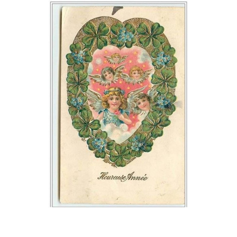 n°2874 - Carte Gaufrée - Heureuse Année - Têtes d'angelots dans un coeur