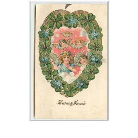 n°2874 - Carte Gaufrée - Heureuse Année - Têtes d'angelots dans un coeur