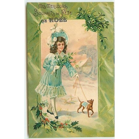 n°11987 - Mes meilleurs souhaits de Fête de Noël - Jeune fille se promenant avec son chien