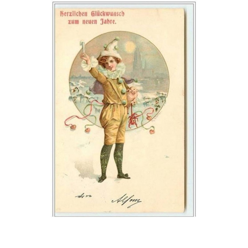 n°2908 - Herzlichen Glückwunsch zum neuen Jahre - Enfant en pierrot portant un cochon