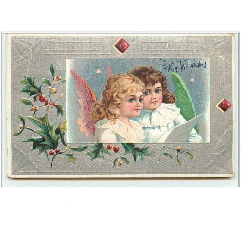 n°2914 - Carte Gaufrée - Fröhliche Weihnachten - Angelots - fond argent