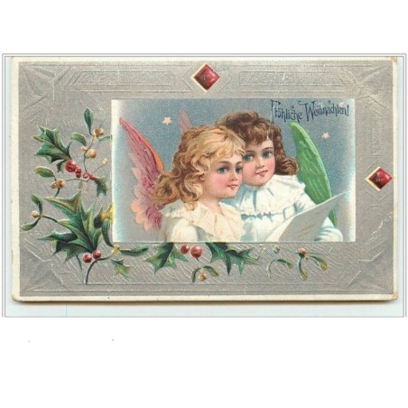 n°2914 - Carte Gaufrée - Fröhliche Weihnachten - Angelots - fond argent