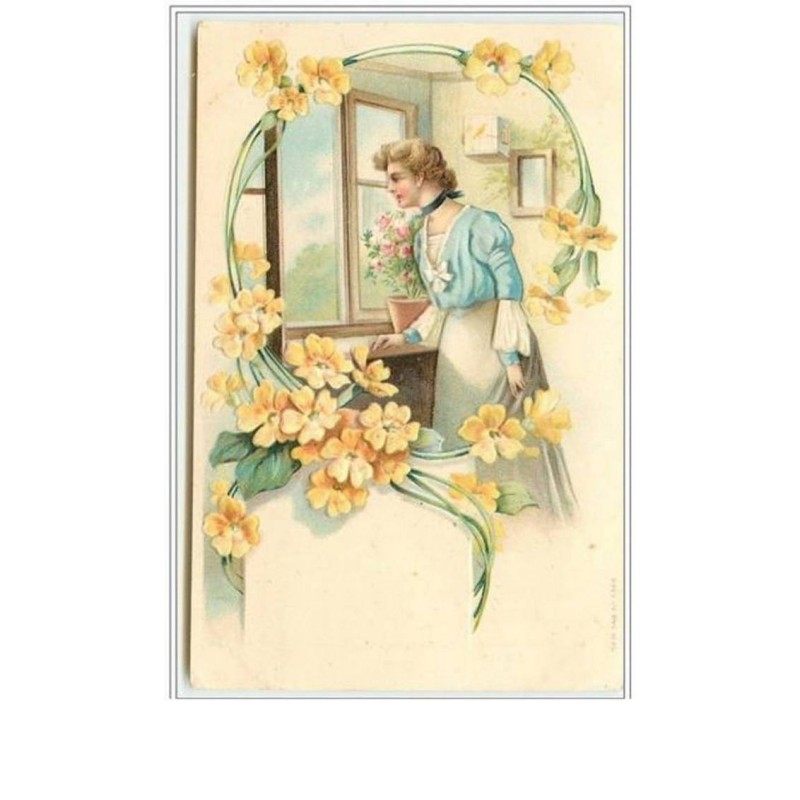 n°2931 - Carte Gaufrée - Femme à la fenêtre - Décor fleurs jaunes