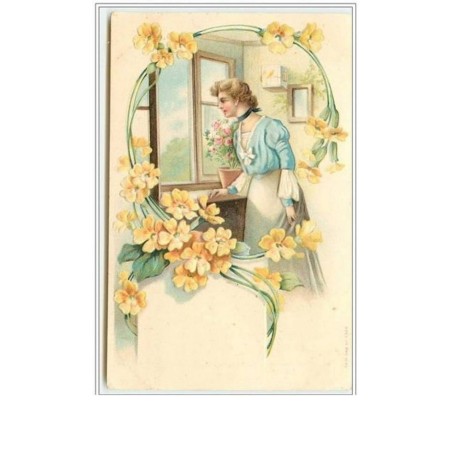 n°2931 - Carte Gaufrée - Femme à la fenêtre - Décor fleurs jaunes