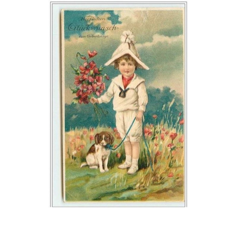 n°2935 - Carte Gaufrée - Garçon avec un chien et un bouquet de coquelicot