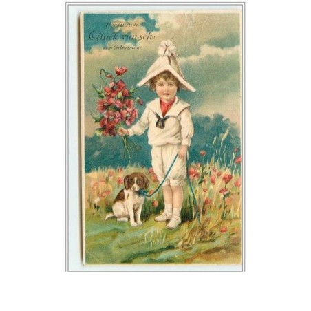 n°2935 - Carte Gaufrée - Garçon avec un chien et un bouquet de coquelicot