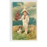 n°2935 - Carte Gaufrée - Garçon avec un chien et un bouquet de coquelicot