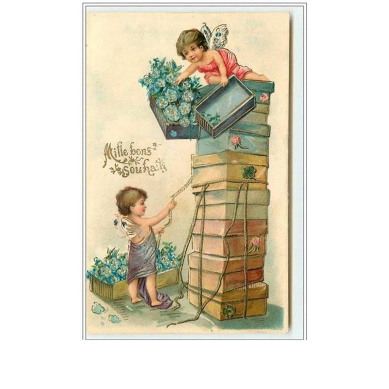 n°2943 - Carte Gaufrée - Angelots et pile de boites