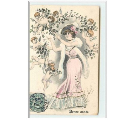 n°2977 - Bonne Année - Angelots autour d'une femme