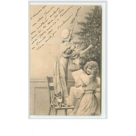 n°298 - Femme faisant un sapin de Noël - chat - MM Vienne signée Wichera