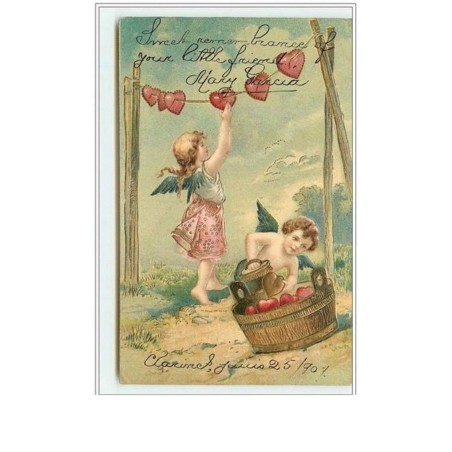n°2994 - Carte Gaufrée - Angelots étendants les coeurs