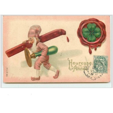 n°3035 - Carte Gaufrée - Heureuse Année - Lutin, nain avec un cachet et de la cire