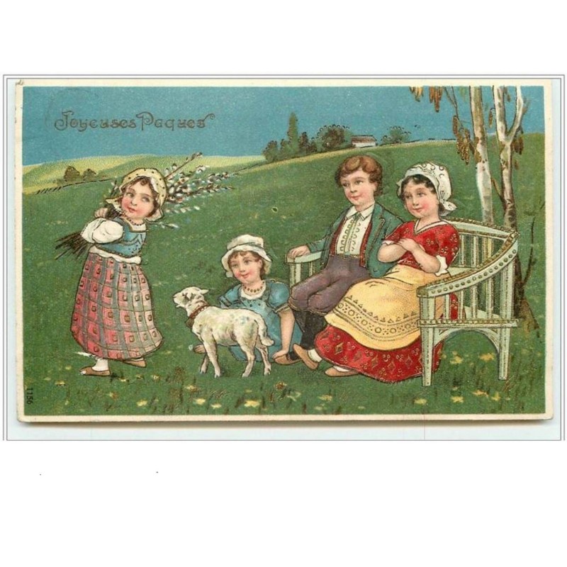 n°3038 - Carte Gaufrée - Joyeuses Pâques - Couple assis regardant des enfants