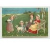n°3038 - Carte Gaufrée - Joyeuses Pâques - Couple assis regardant des enfants