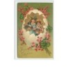 n°3039 - Carte Gaufrée - Joyeuses Pâques - Couple d'enfants dans un oeuf - fleurs rouges