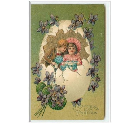 n°3040 - Carte Gaufrée - Joyeuses Pâques - Couple d'enfants dans un oeuf - fleurs violettes