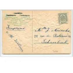 n°3040 - Carte Gaufrée - Joyeuses Pâques - Couple d'enfants dans un oeuf - fleurs violettes