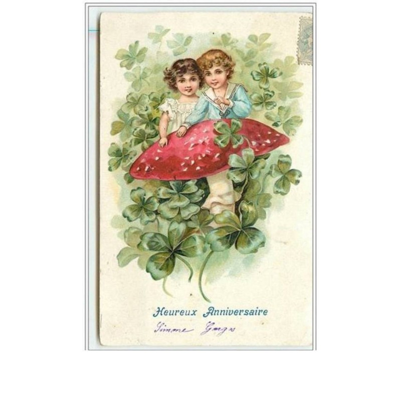 n°3041 - Carte Gaufrée - Heureux Anniversaire - Couple d'enfants et Champignon