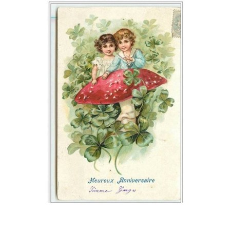 n°3041 - Carte Gaufrée - Heureux Anniversaire - Couple d'enfants et Champignon