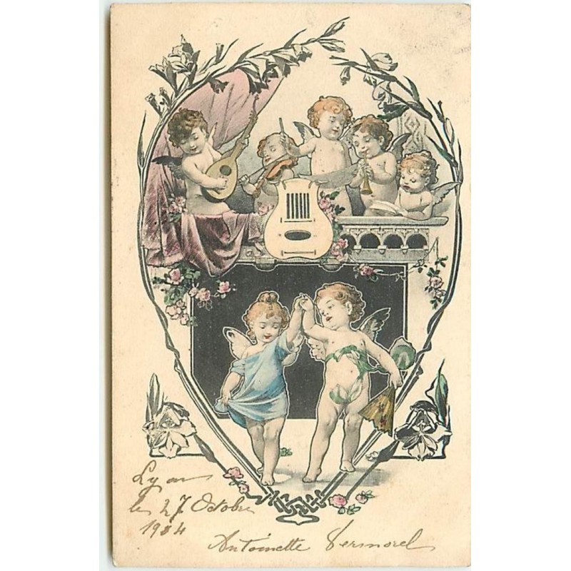 n°12000 - Angelots dansant pendant que d'autres jouent de la musique